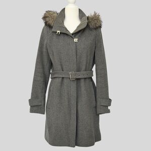 CALVIN KLEIN Hooded Belted Wool Coat Gray Size M
